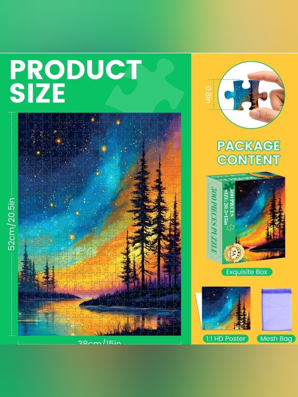 Like New Puzzle 500 Piece Pine Trees Northern Lights Galaxy Starry Sky Colorful